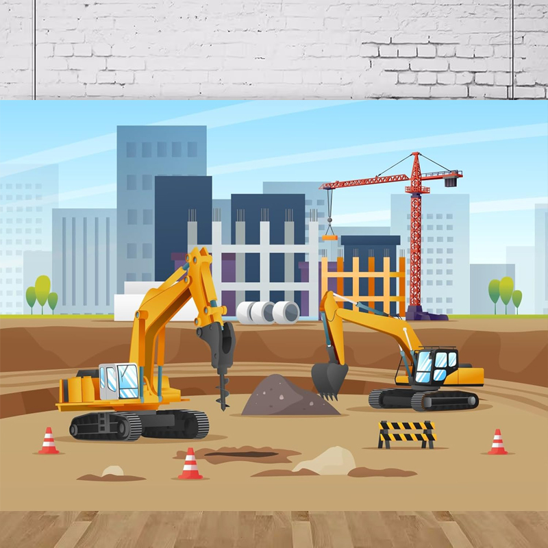 Toys Background For Kids - ฉากหลังถ่ายภาพรถของเล่นเด็กสำหรับงานวิศวกรรม รถก่อสร้าง ฉากหลังงานก่อสร้าง โปสเตอร์ติดผนัง ป้ายแบนเนอร์งานวันเกิดเด็ก