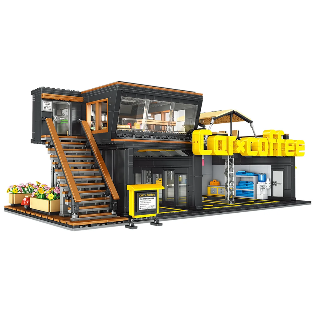 Kids Toys In Store - ร้านซ่อมรถกาแฟ คลับรถกาแฟ ตัวต่อ 2496 ชิ้น ร้านกาแฟสตรีทวิว