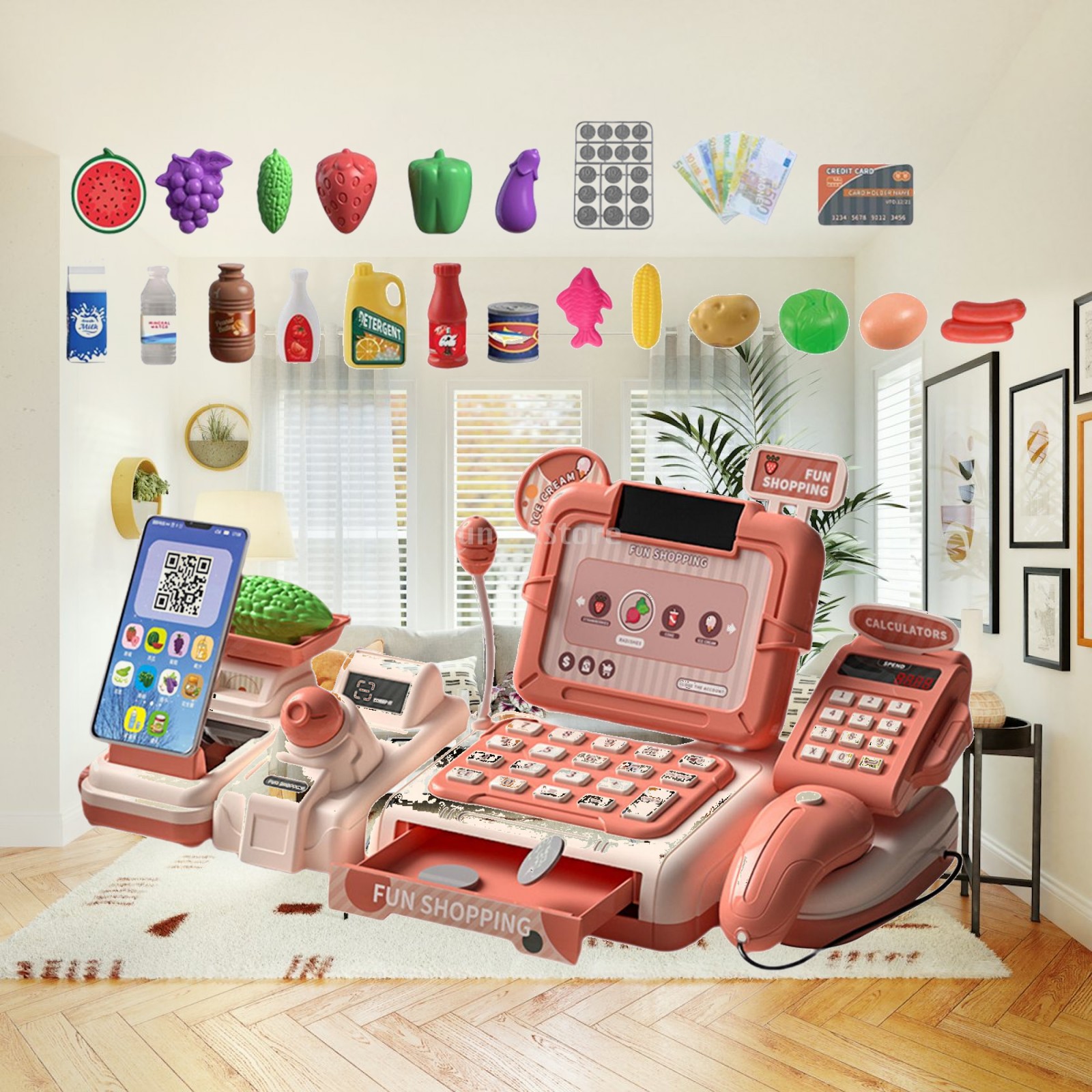Kids Toys In Store - ของเล่นซูเปอร์มาร์เก็ต เครื่องคิดเงิน ชุดของเล่นบทบาทสมมติ ร้านค้า ชุดของเล่นเครื่องคิดเงินซูเปอร์มาร์เก็ตสำหรับเด็ก ของขวัญวันเกิดสำหรับเด็ก