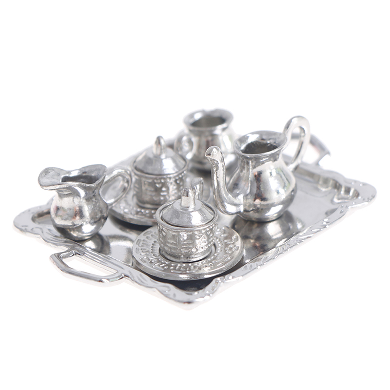 Kids Toys Kitchen - 10 ชิ้น/เซ็ต 1/12 Dollhouse Miniature โลหะเงินชากาแฟถาดชุดบนโต๊ะอาหารสําหรับตุ๊กตา