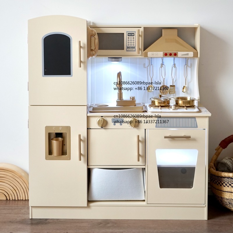 Kids Toys Kitchen - ชุดครัวไม้เสริมพัฒนาการสำหรับเด็กเล่น พร้อมไมโครเวฟจำลอง มีเสียงและแสงเสมือนจริง ของเล่นสำหรับเด็กชาย เด็กหญิง และเด็กเล็ก