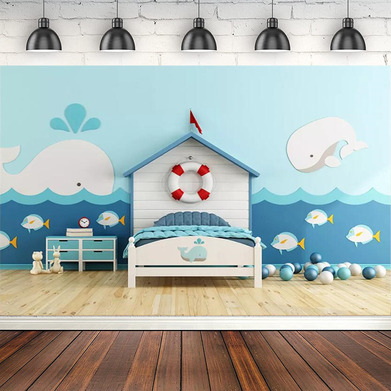 Toys Background For Kids - ฉากหลังถ่ายภาพวันเกิดเด็กในร่มธีมมหาสมุทรสีฟ้า สำหรับสตูดิโอถ่ายภาพ ลายการ์ตูนปลวาฬ ของเล่นเด็กแรกเกิด ฉากหลังสำหรับเด็ก