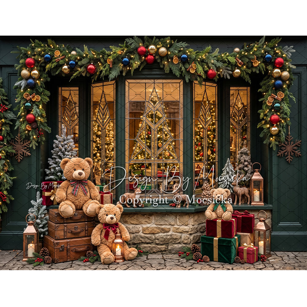 Toys Background For Kids - ฉากหลังถ่ายภาพร้านของขวัญคริสต์มาส Mocsicka พร้อมพวงมาลัยไฟ ตุ๊กตาหมี ฉากหลังหน้าต่าง สำหรับเด็ก