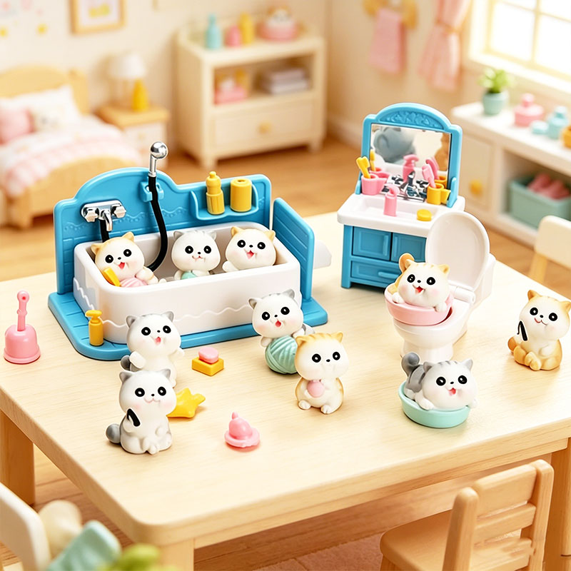 Kids Toys Set - ชุดห้องน้ำบ้านตุ๊กตา 1:12 ชุดของเล่นจำลองครอบครัวแมว ชุดอ่างอาบน้ำ อ่างล้างหน้า ห้องน้ำ