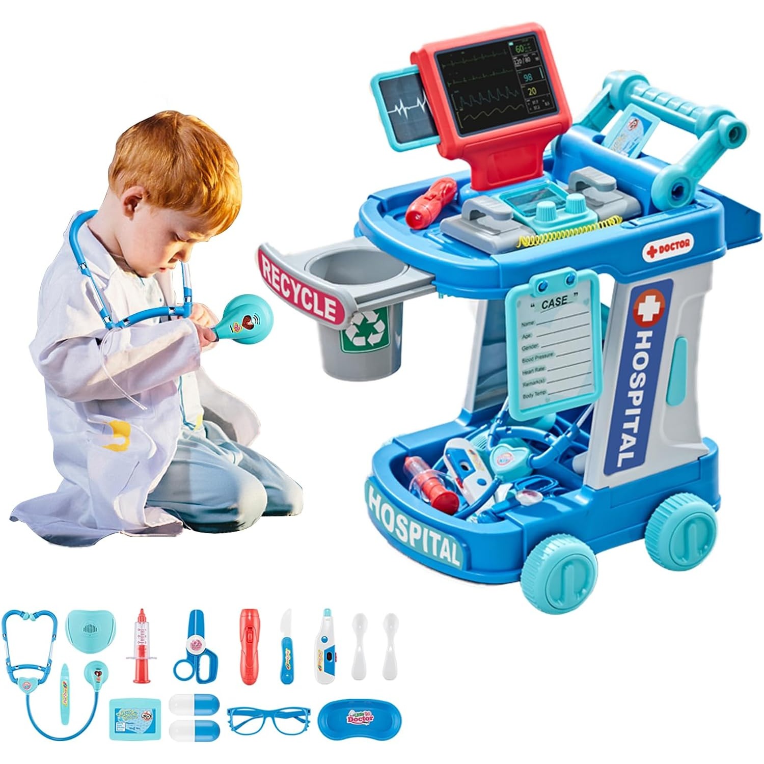 Kids Toys Doctor Set - ชุดแพทย์ของเล่นสำหรับเด็กวัยหัดเดินสัตวแพทย์ทันตแพทย์ของเล่นแบบแกล้งเล่นชุดหมอชุดพร้อมรถเข็นชุดเครื่องมือทางการแพทย์